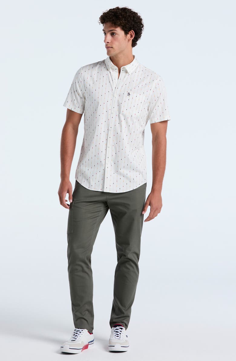 Original Penguin Short Sleeve Cotton Blend Twill Button-Down Shirt, Alternate, color, Bright White