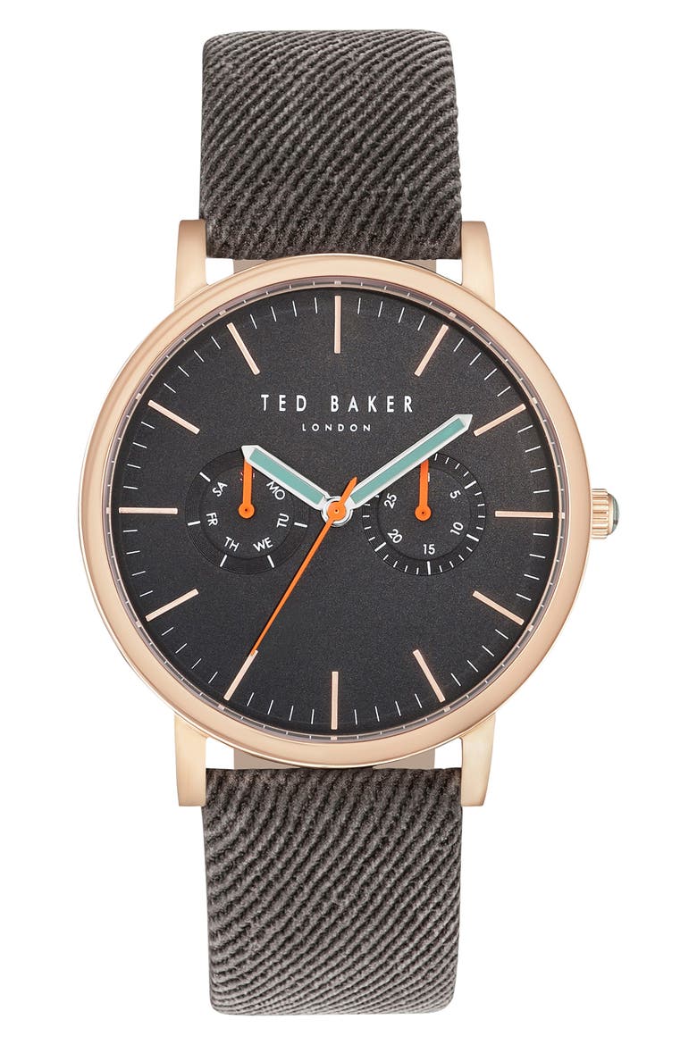 Brit Multifunction Textured Canvas Strap Watch, 42mm, Main, color, BLACK/ GREY