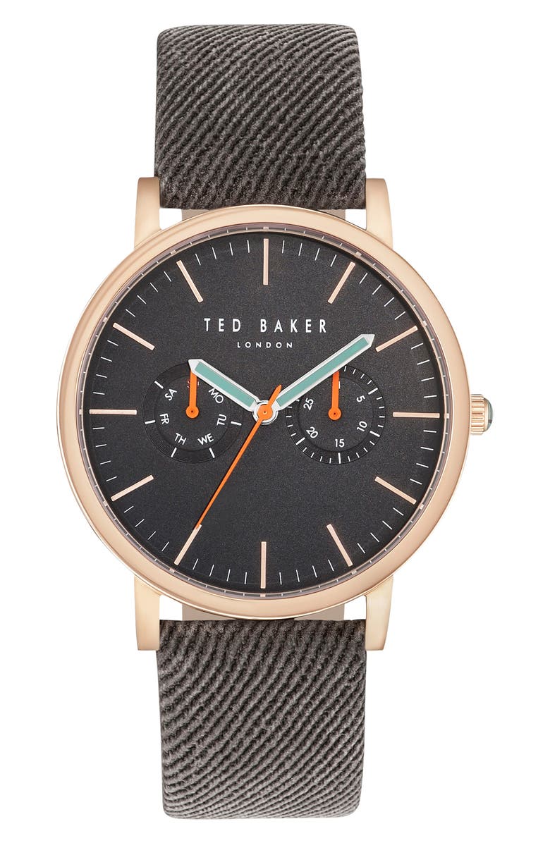 Ted Baker London Brit Multifunction Textured Canvas Strap Watch, 42mm, Main, color,