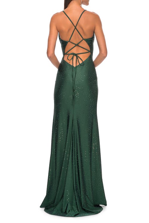 La Femme Drape Neckline Jeweled Jersey Prom Dress With High Slit In Dark Emerald