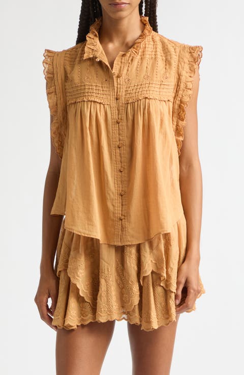 Dersia Embroidery & Pleat Detail Sleeveless Cotton Button-Up Shirt