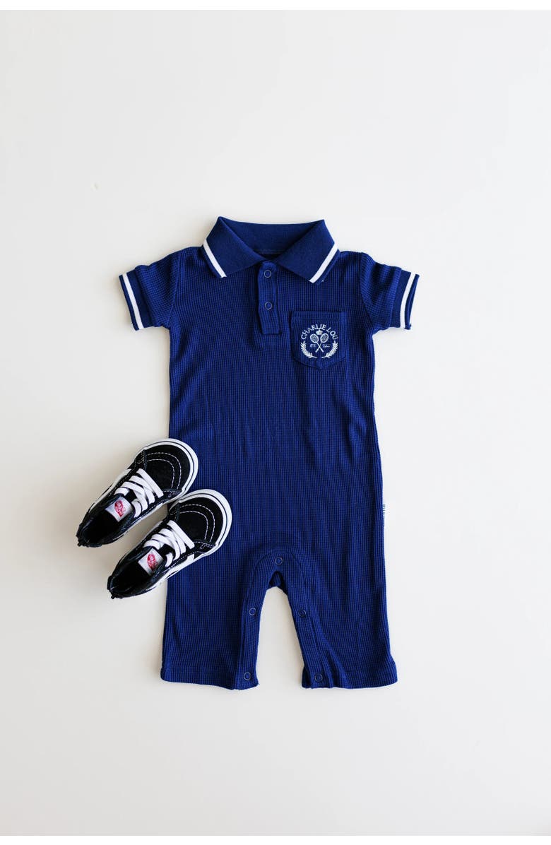 Charlie Lou Baby<sup>®</sup> Waffle Polo Romper, Alternate, color, Navy Blue