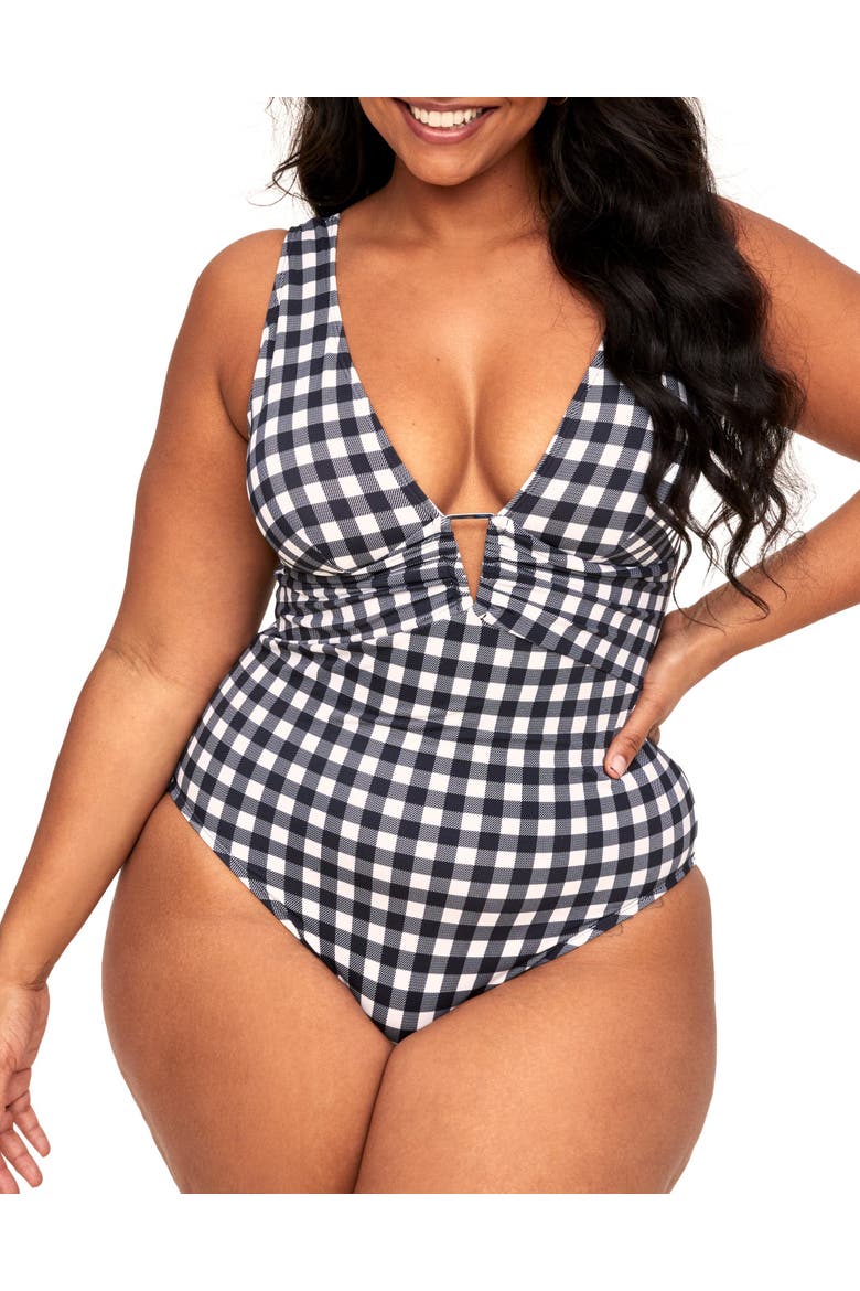 Andria Swimwear One-Piece, Main, color, Plaid black