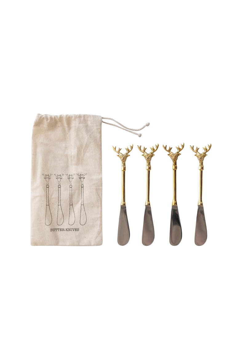 Stainless Steel and Brass Canapé Knives with Gold Finish Reindeer Handles, Set of 4 in Printed Drawstring Bag, Main, color, Brass