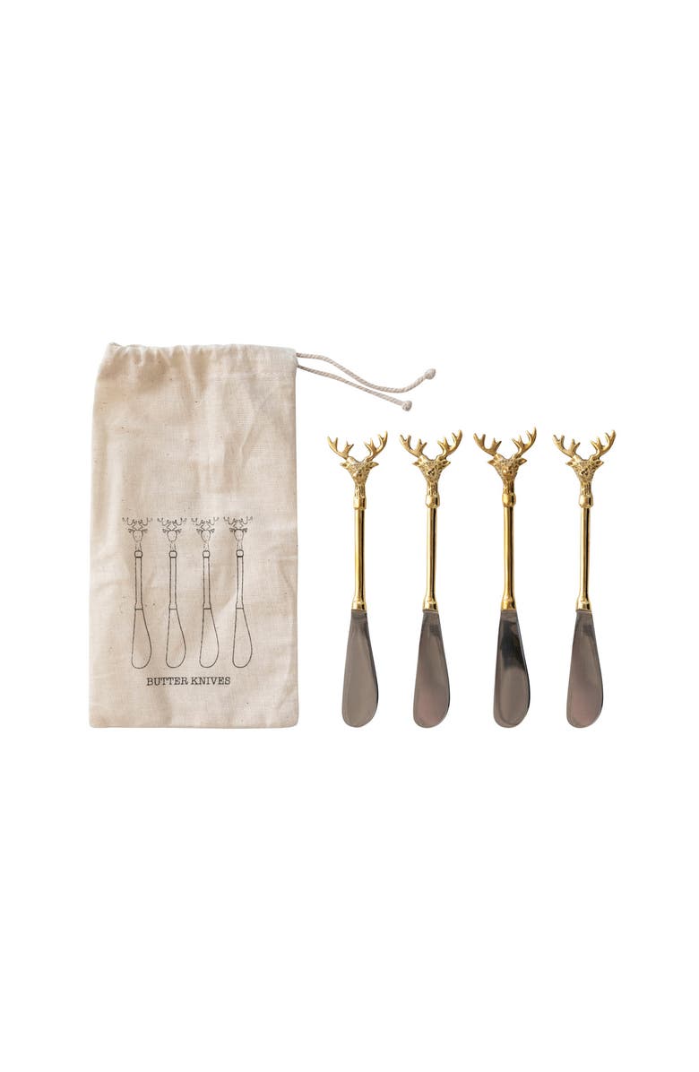 Storied Home Stainless Steel and Brass Canapé Knives with Gold Finish Reindeer Handles, Set of 4 in Printed Drawstring Bag, Main, color, 
