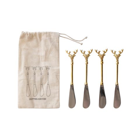 Stainless Steel and Brass Canapé Knives with Gold Finish Reindeer Handles, Set of 4 in Printed Drawstring Bag