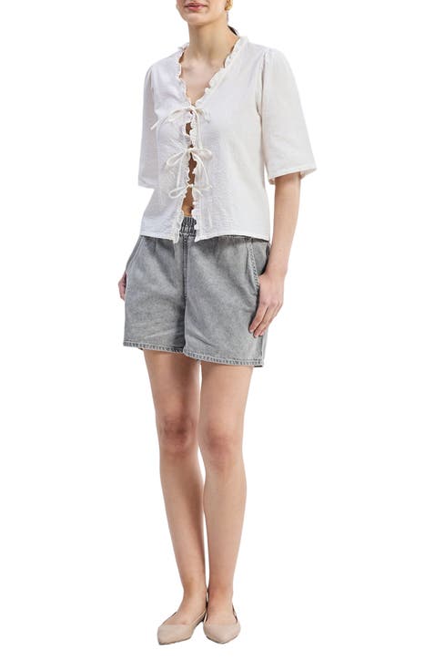 Relaxed Fit Top With Ruffles and Front-Ties in White