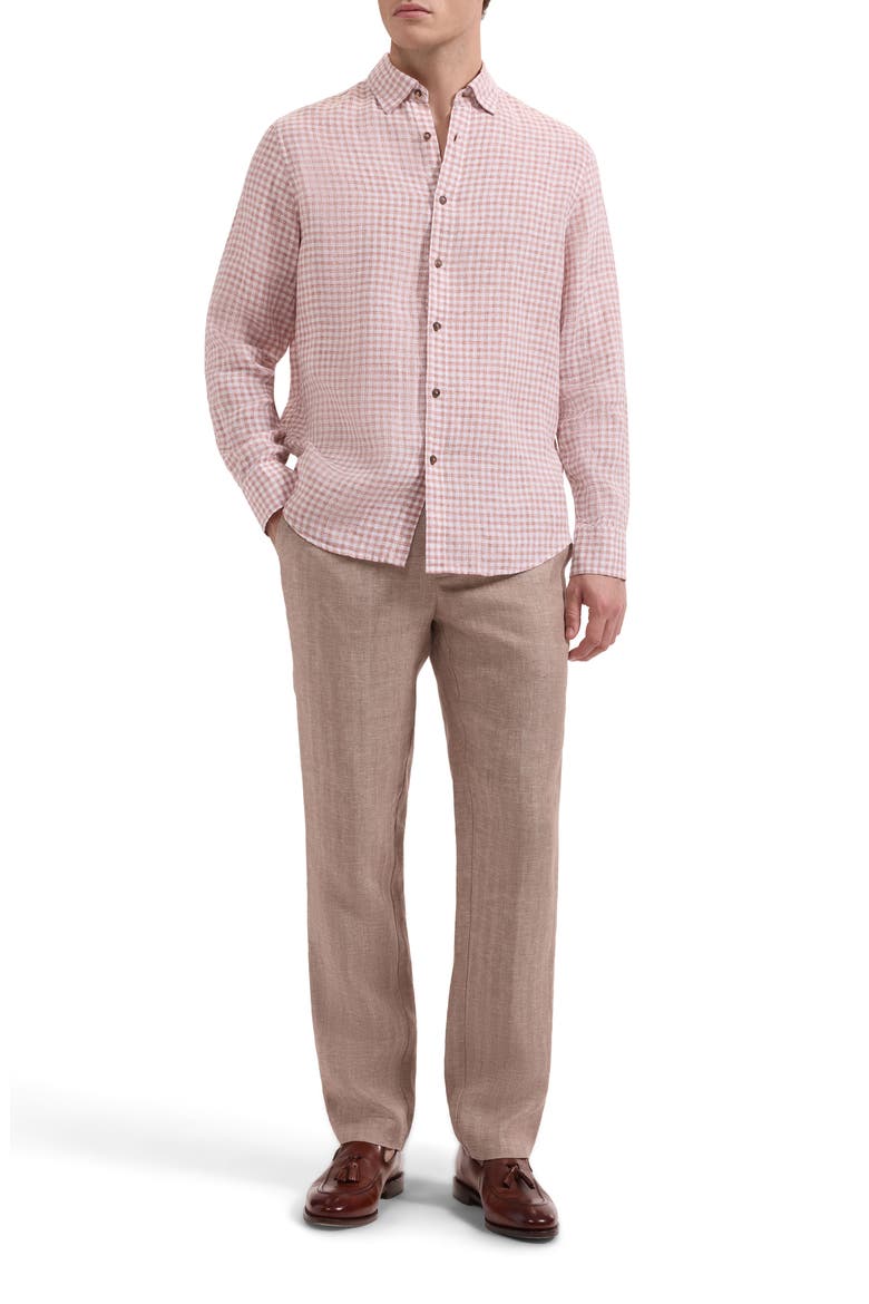 Karl Shaped Fit Gingham Check Linen Button-Up Shirt, Alternate, color, BRICK