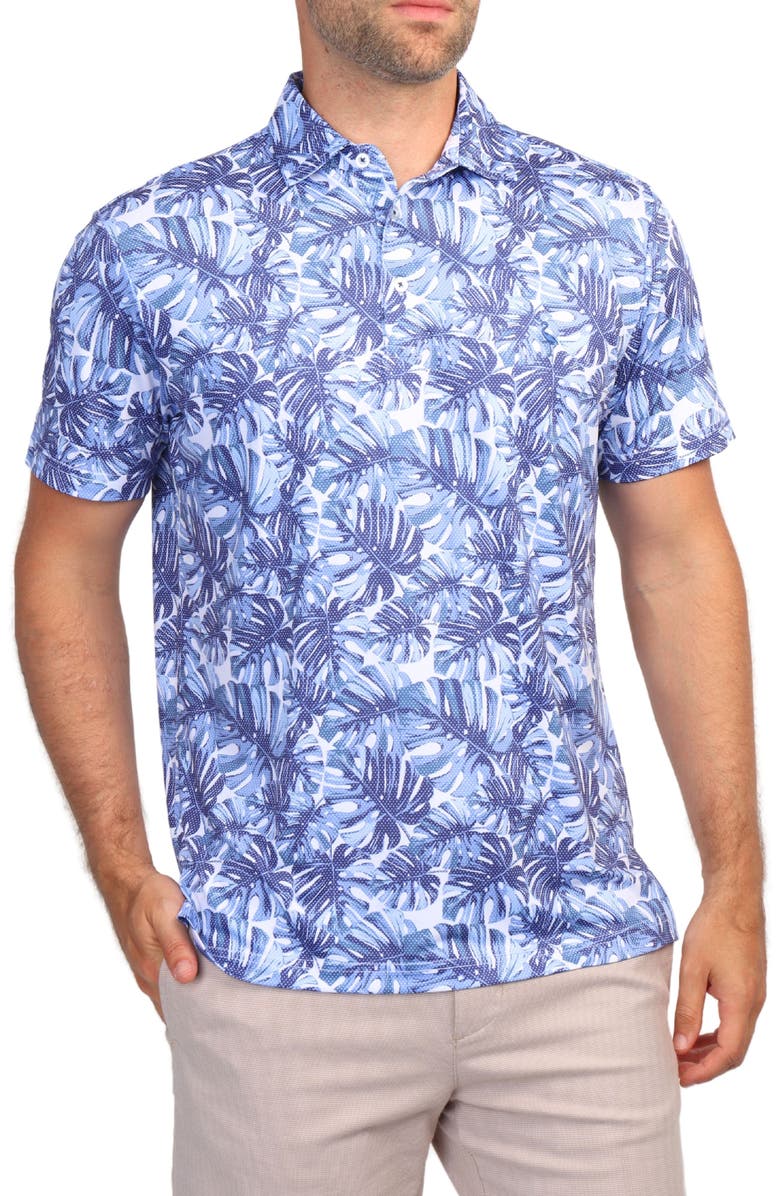 TailorByrd Tropical Leaf Print Performance Polo, Main, color, Navy