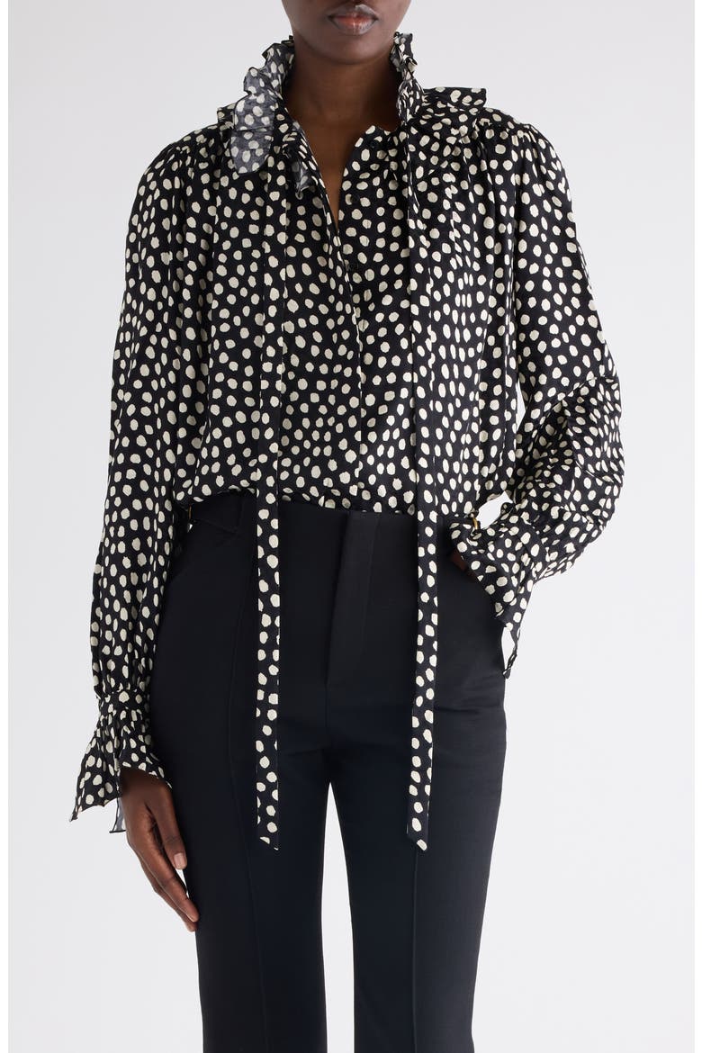 Polka Dot Jacquard Organic Silk Crêpe de Chine Shirt, Main, color, BEIGE - BLACK