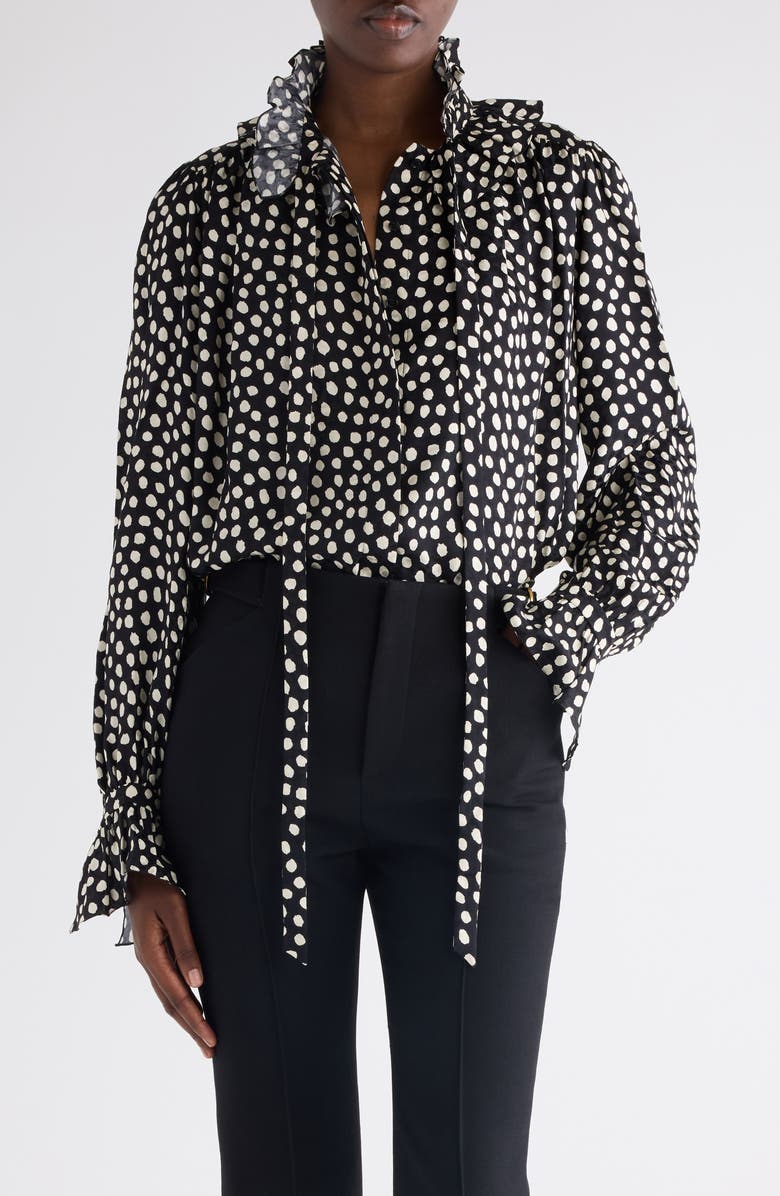 Chloé Polka Dot Jacquard Organic Silk Crêpe de Chine Shirt, Main, color, Beige - Black