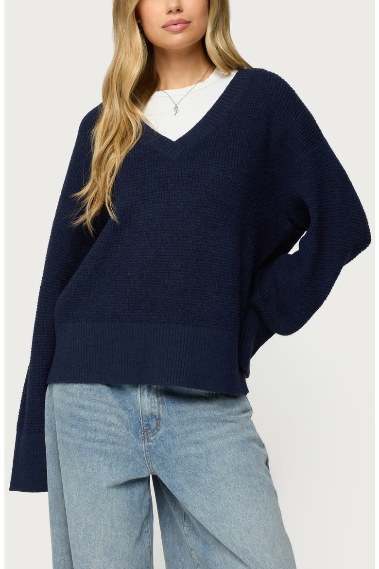 Bluebell Oversize V-Neck Waffle Knit Sweater, Main, color, NAVY