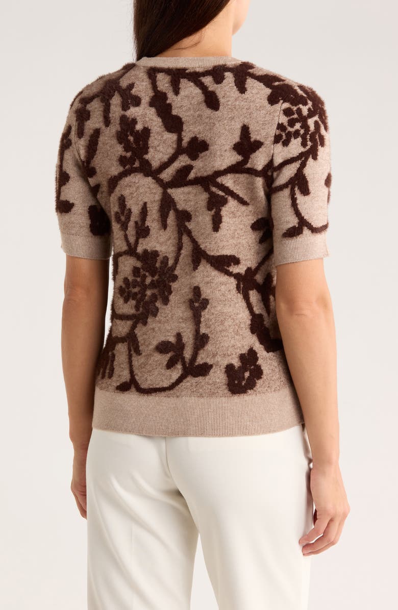T Tahari Floral Jacquard Eyelash Short Sleeve Sweater, Alternate, color, Floral/ Maple Shadows Jacquard