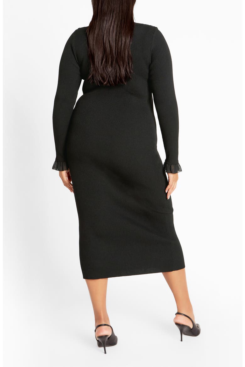 Auralie Ruffle Detail Long Sleeve Rib Sweater Dress, Alternate, color, BLACK