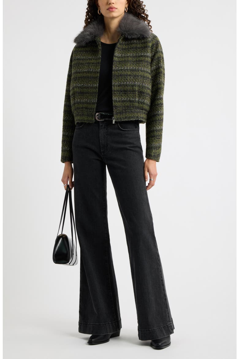 Tweed Bomber Jacket with Faux Fur Collar, Alternate, color, OLIVE TWEED