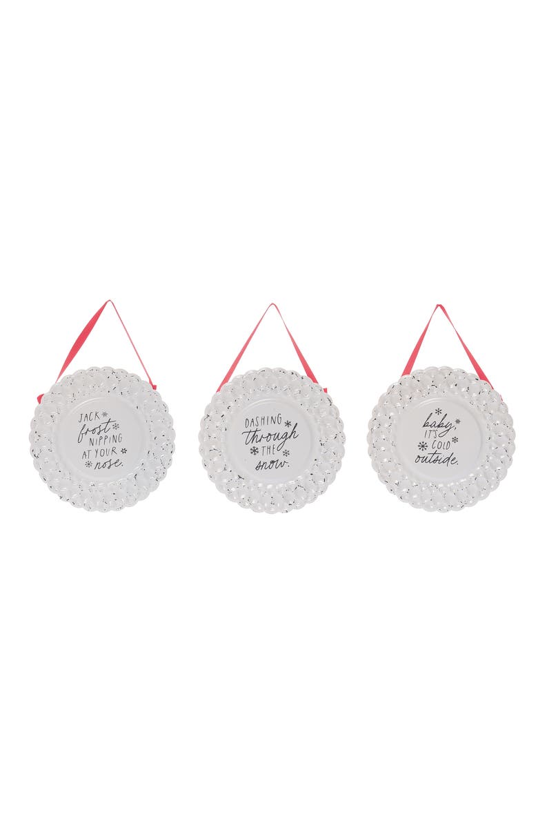 Transpac Metal Fabric Embossed Round Sign Set of 3 Christmas Decor, Main, color, White