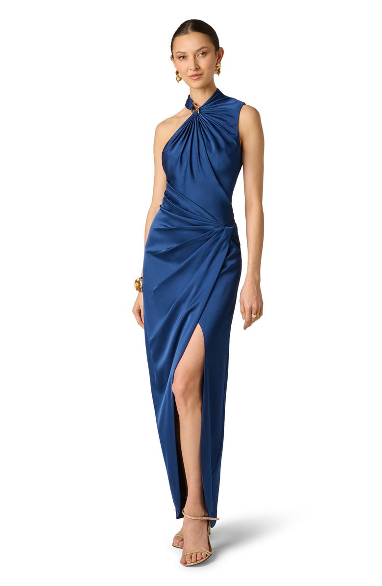 Aidan Mattox One-Shoulder Crepe Back Satin Gown, Alternate, color, Navy