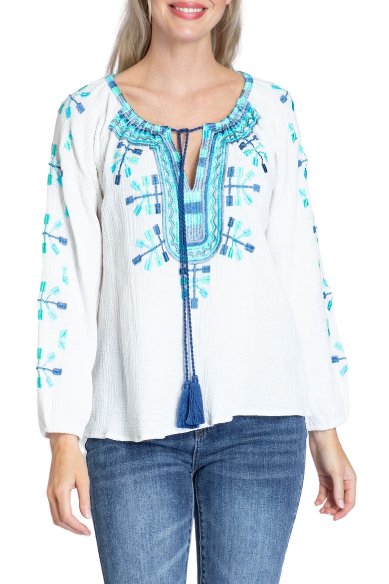 Embroidered Cotton Gauze Peasant Top, Main, color, WHITE MULTI