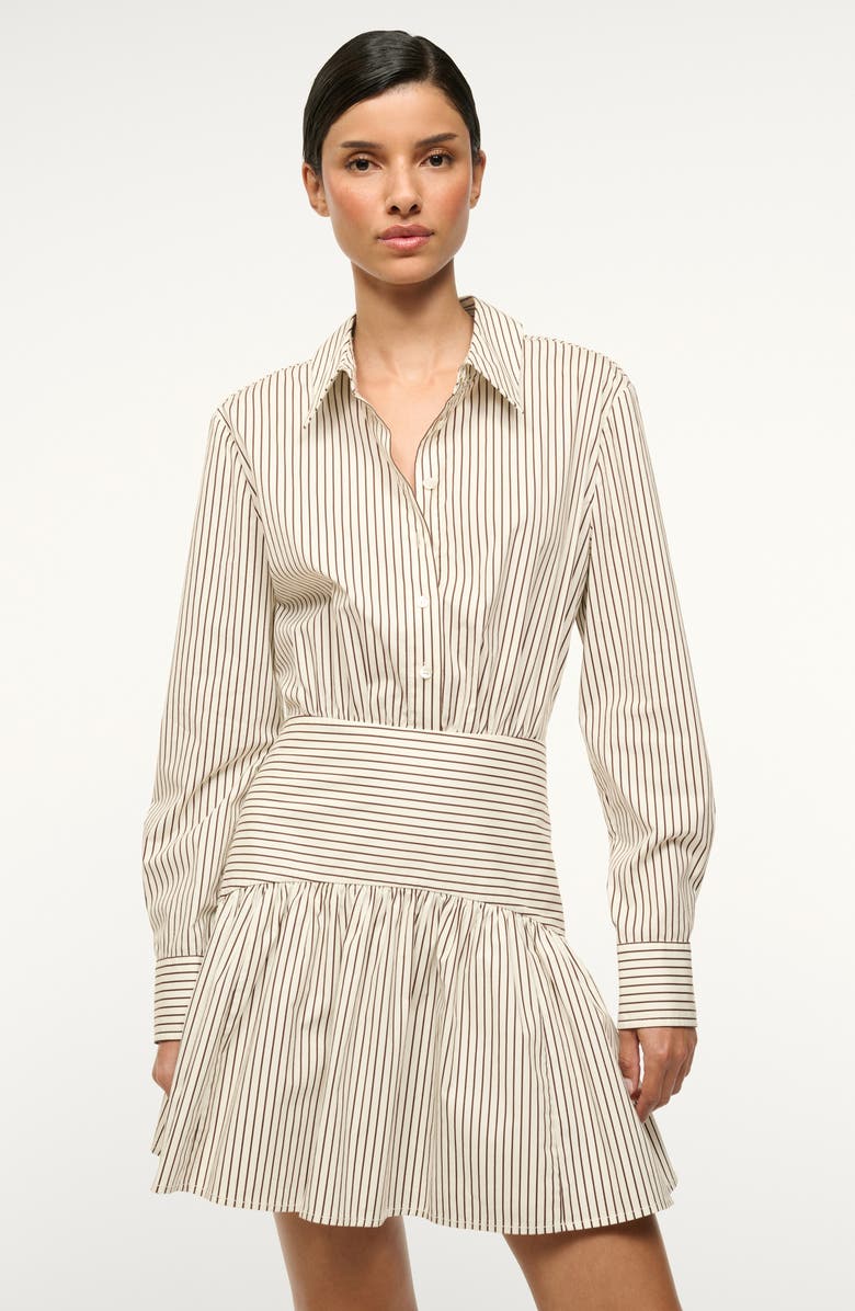 STAUD Rocco Stripe Long Sleeve Stretch Cotton Mini Shirtdress, Alternate, color, Ivory/ Dark Oak Micro Stripe