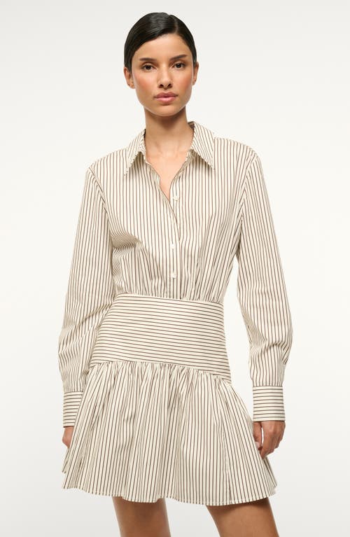 Shop Staud Rocco Stripe Long Sleeve Stretch Cotton Mini Shirtdress In Ivory/dark Oak Micro Stripe
