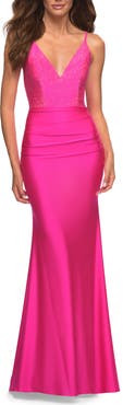 La Femme Neon Jersey Dress with Rhinestone Beaded Top and V Neck