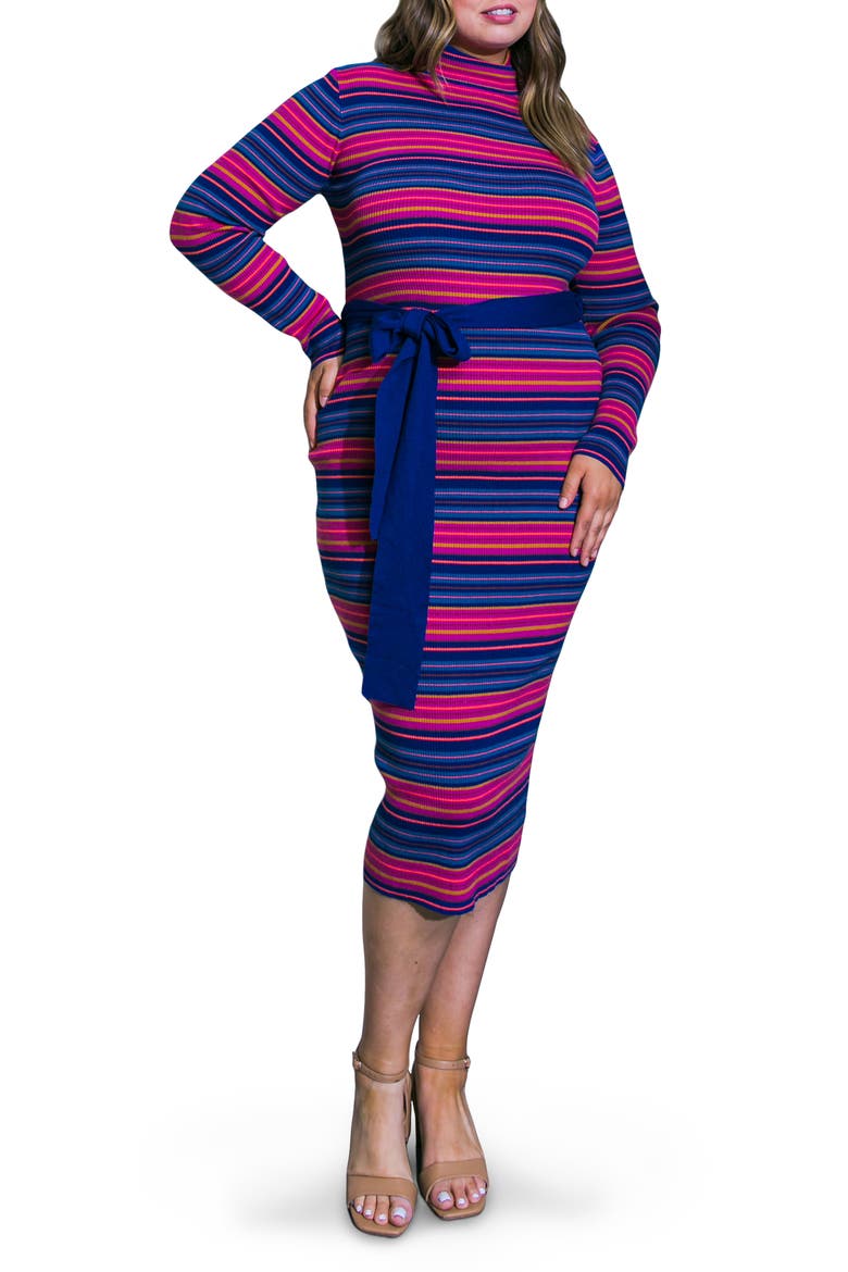 Stripe Long Sleeve Sweater Dress, Main, color, BLUE FUCHSIA
