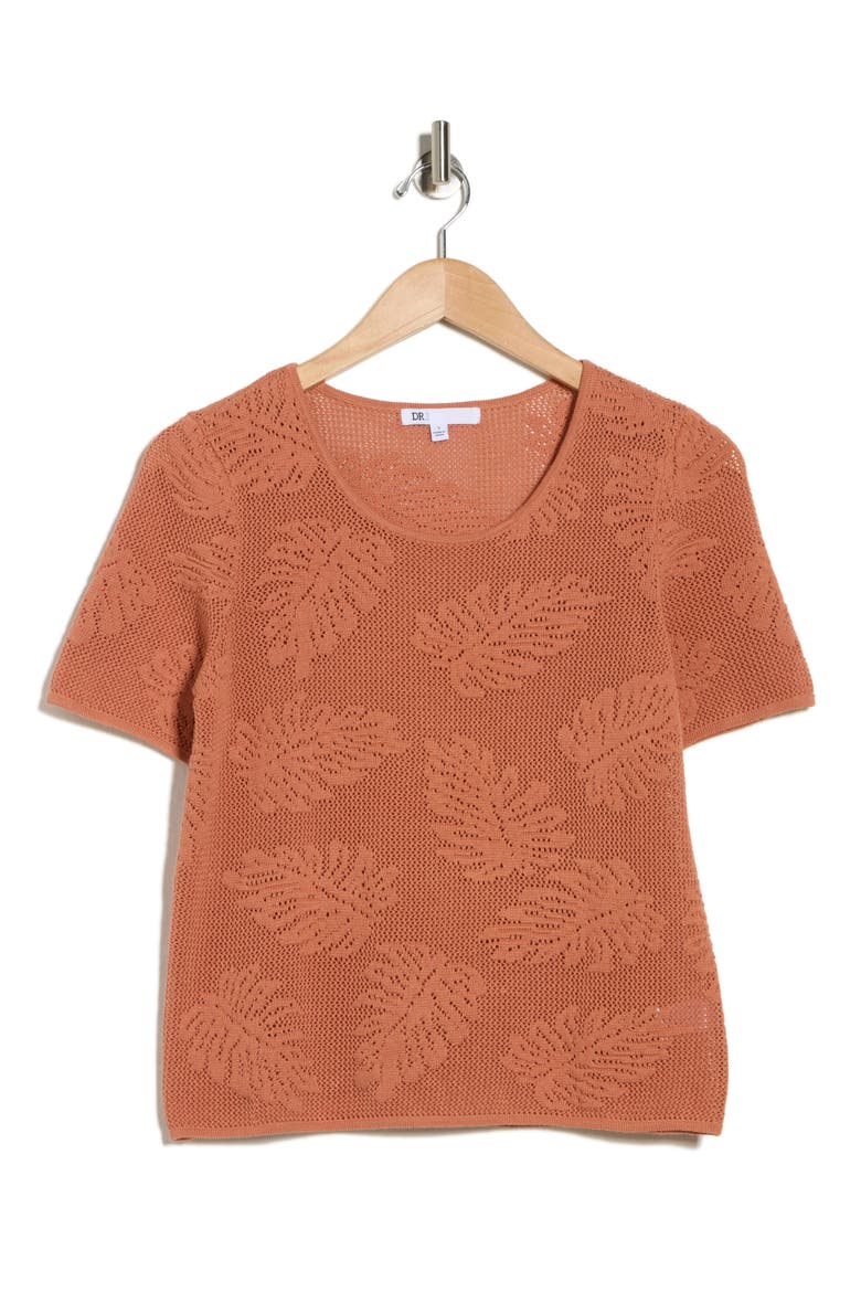 Cotton Jacquard Short Sleeve Sweater, Alternate, color, R287 CORAL