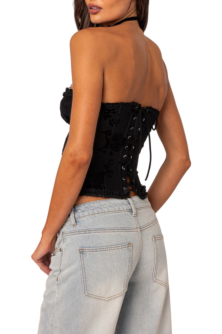 Marnie Floral Velvet Strapless Corset Top, Alternate, color, BLACK