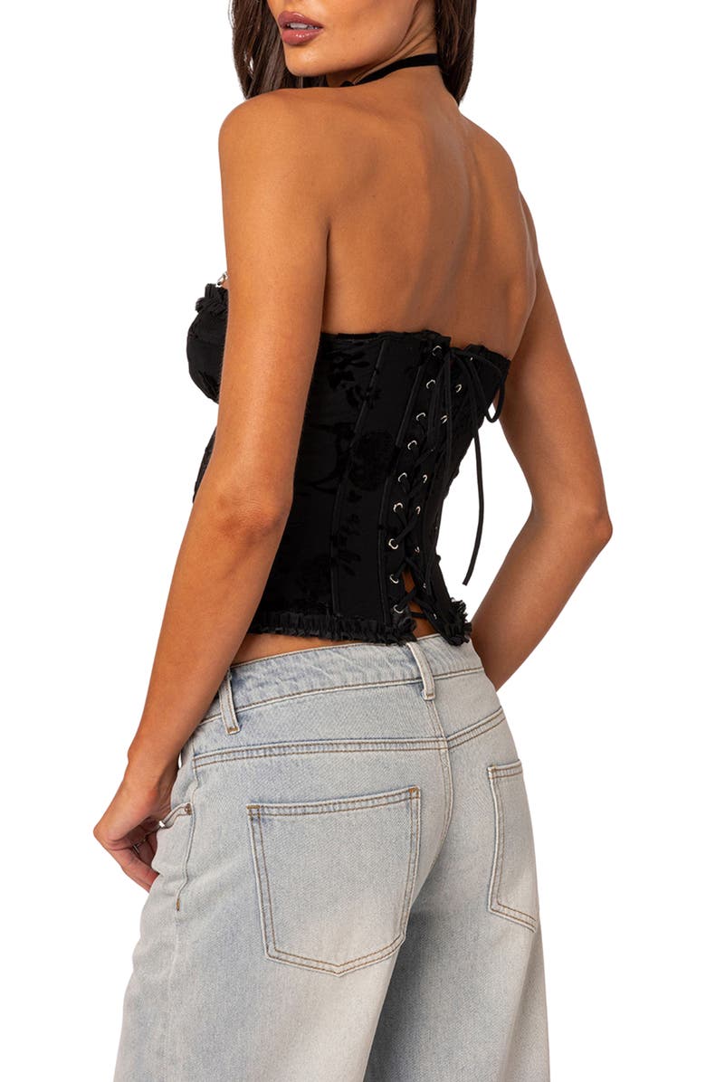 EDIKTED Marnie Floral Velvet Strapless Corset Top, Alternate, color, Black