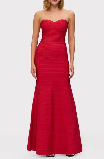 Herve Leger The Sara Strapless Mermaid Gown In Lipstick Red