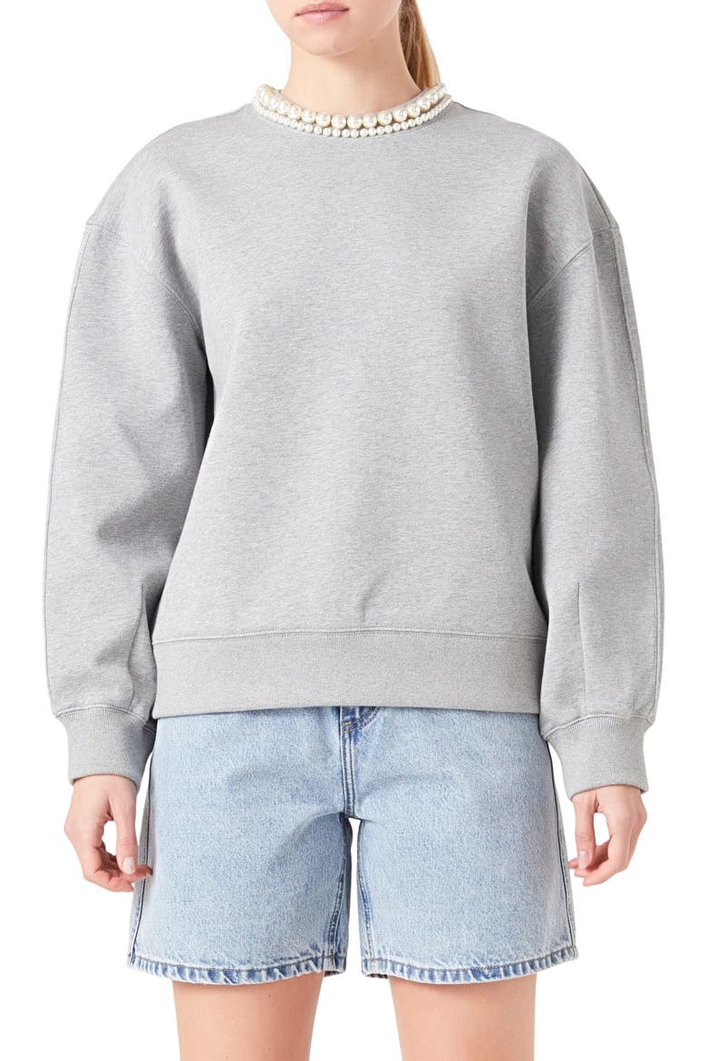 Imitation Pearl Embellished Crewneck Sweatshirt, Main, color, GREY