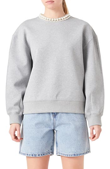 Grey Lab Imitation Pearl Embellished Crewneck Sweatshirt