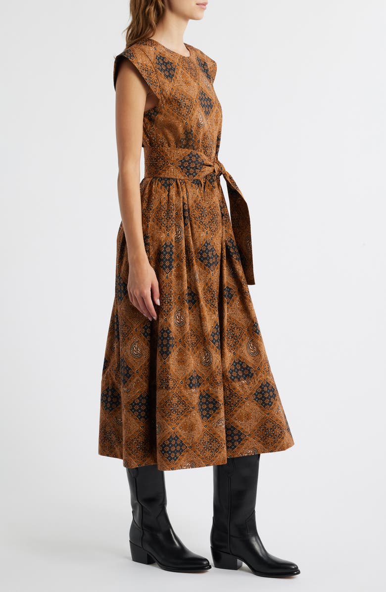 THE GREAT. The Tulsa Tie Waist Midi Dress, Alternate, color, Geo Bandana Print