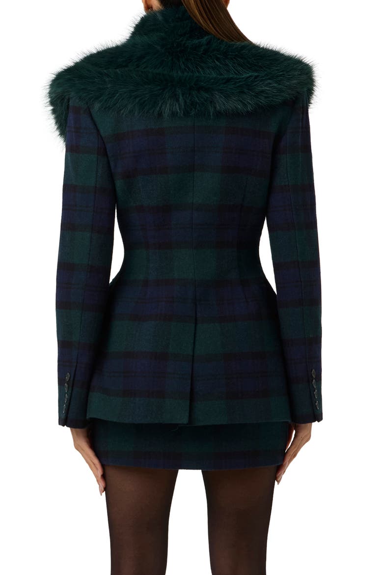 Plaid Faux Fur Collar Wool Blend Blazer, Alternate, color, EMERALD