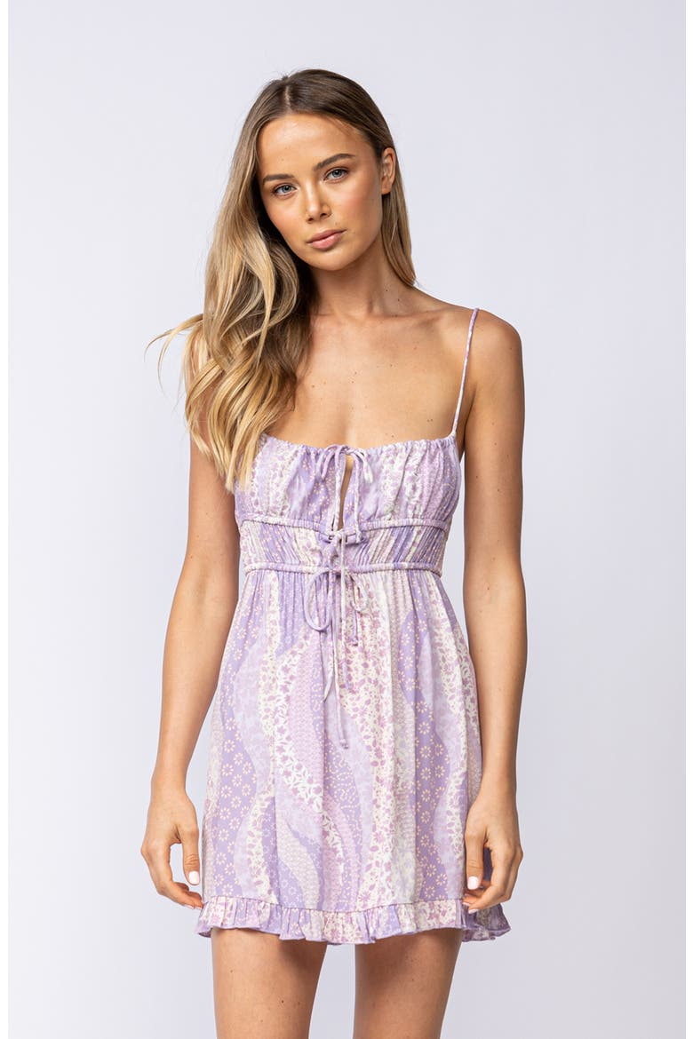 Boho Floral Tie Neck Empire Waist Minidress, Alternate, color, LIGHT PURPLE