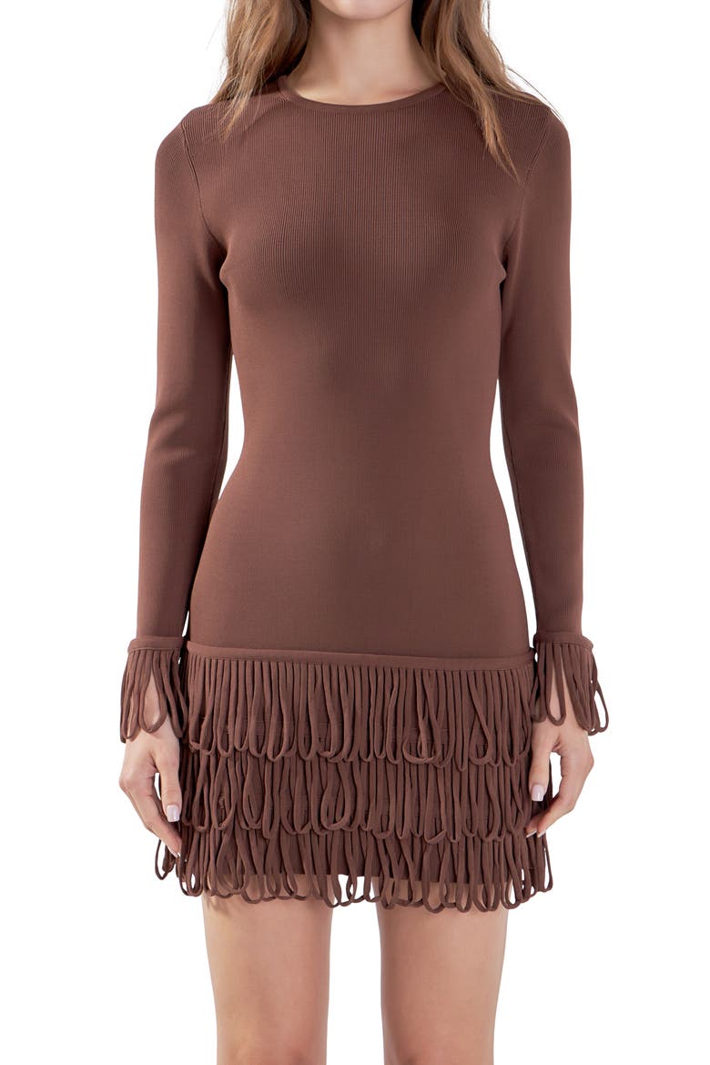 Loop Fringe Long Sleeve Minidress, Alternate, color, CHOCOLATE BROWN