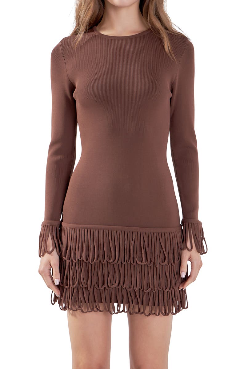 Endless Rose Loop Fringe Long Sleeve Minidress, Alternate, color, Chocolate Brown