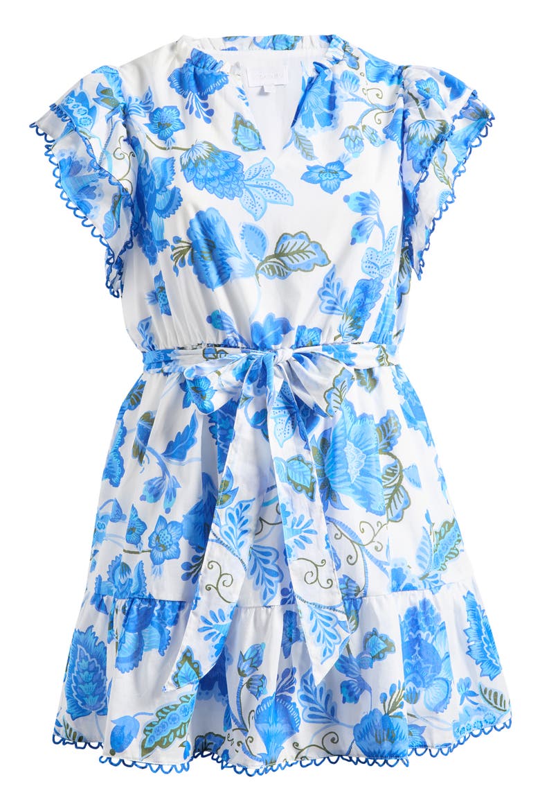 Samian Eriny Floral Ruffle Cotton Dress, Main, color, WHITE BLUE GREEN