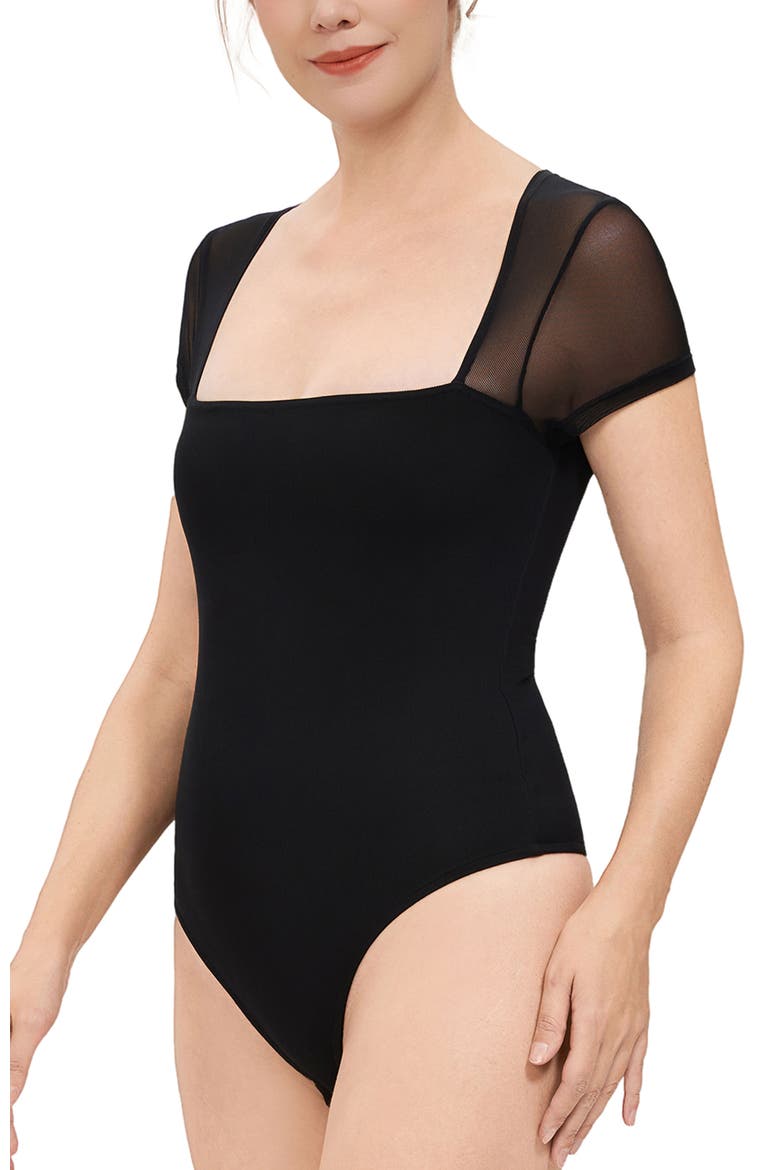 Square Neck Sheer Sleeve Bodysuit Top, Alternate, color, Black