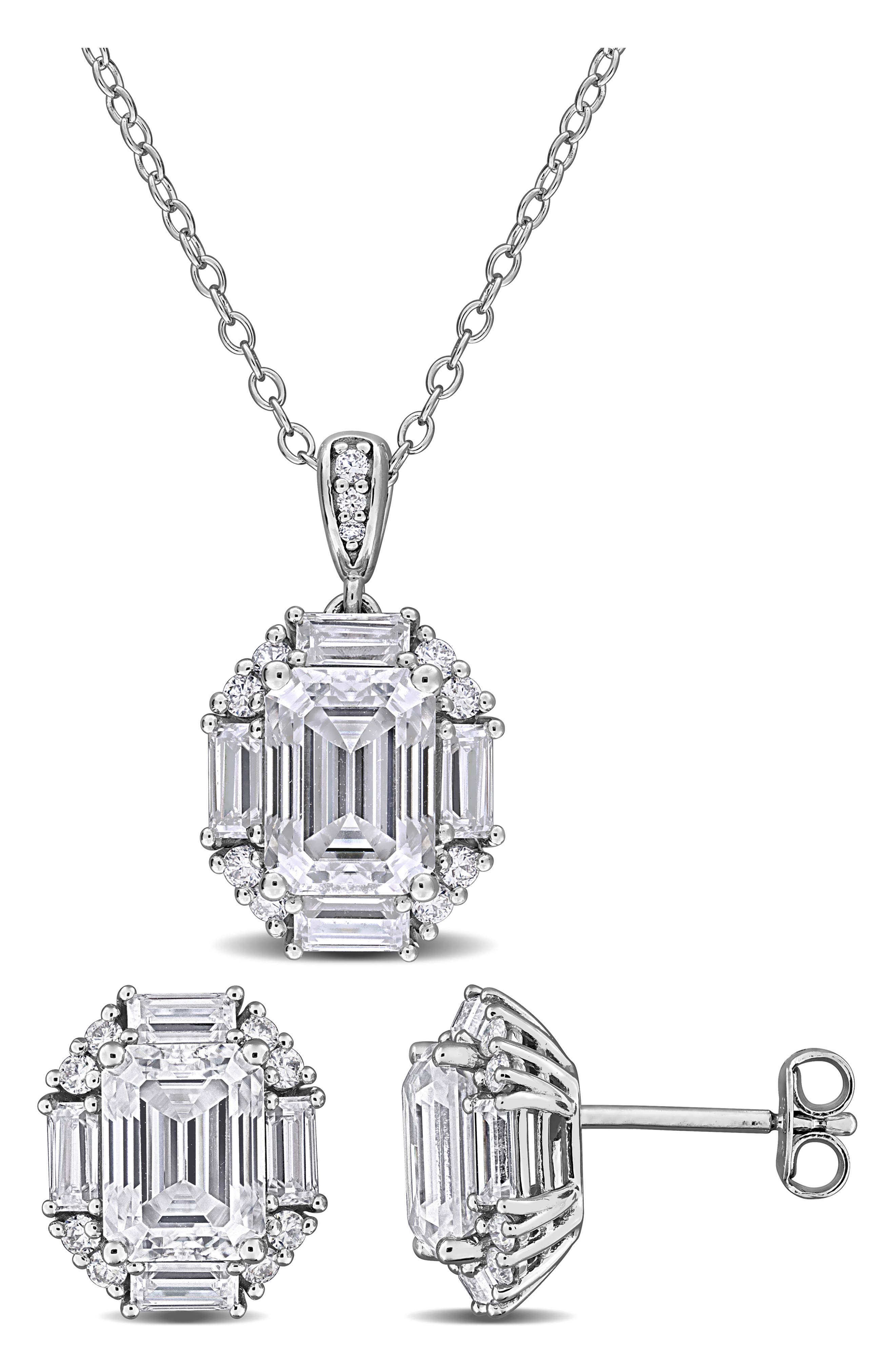 DELMAR Dew Sterling Silver Lab Grown White Moissanite Stud Earrings & Necklace Set