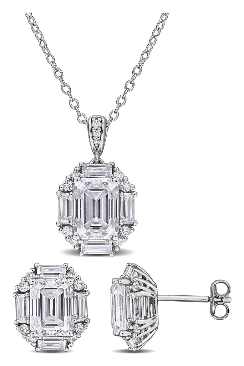 Dew Sterling Silver Lab Grown White Moissanite Stud Earrings & Necklace Set, Main, color, SILVER
