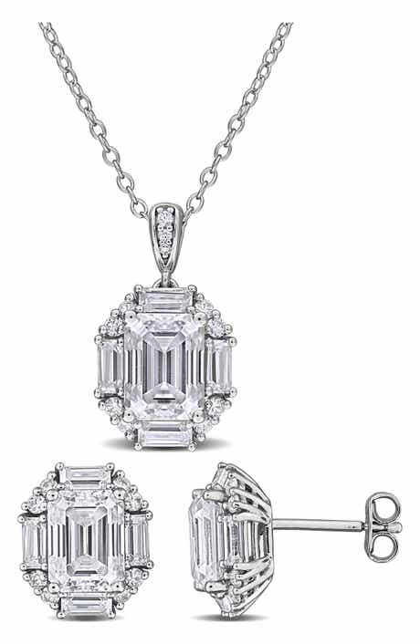 DELMAR Dew Sterling Silver Lab Grown White Moissanite Stud Earrings & Necklace Set