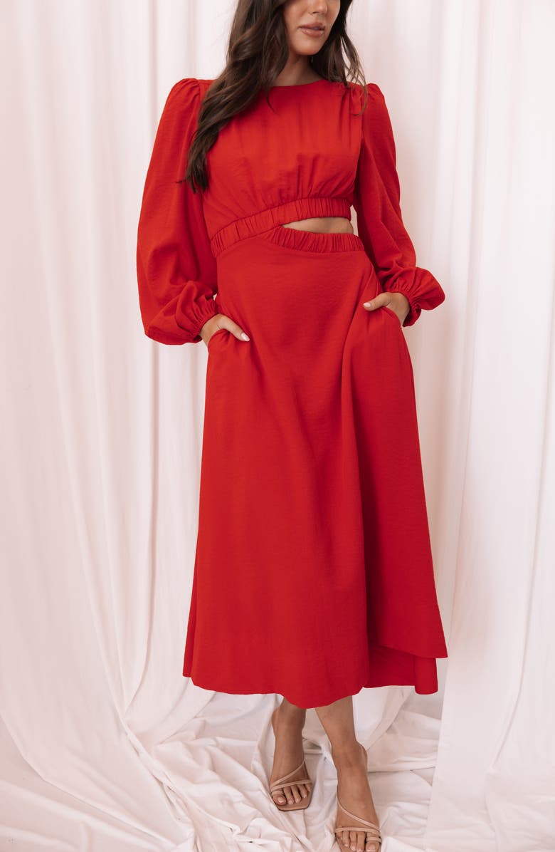 Petal & Pup Ginnee Long Sleeve Cutout Midi Dress, Alternate, color, Red