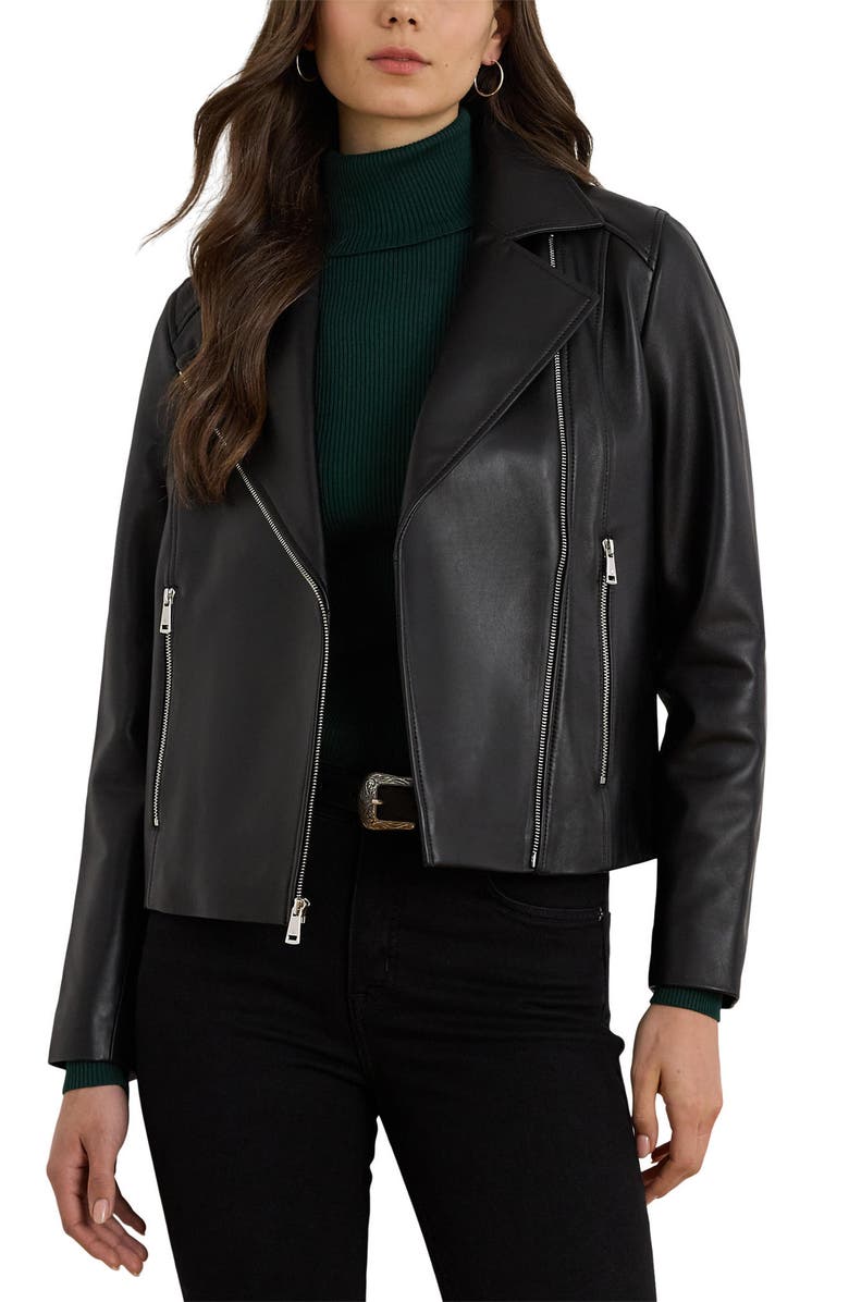 Lauren Ralph Lauren Moto Leather Jacket, Main, color, Black
