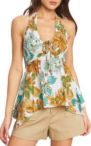 FLYING TOMATO Print Smocked Halter Top