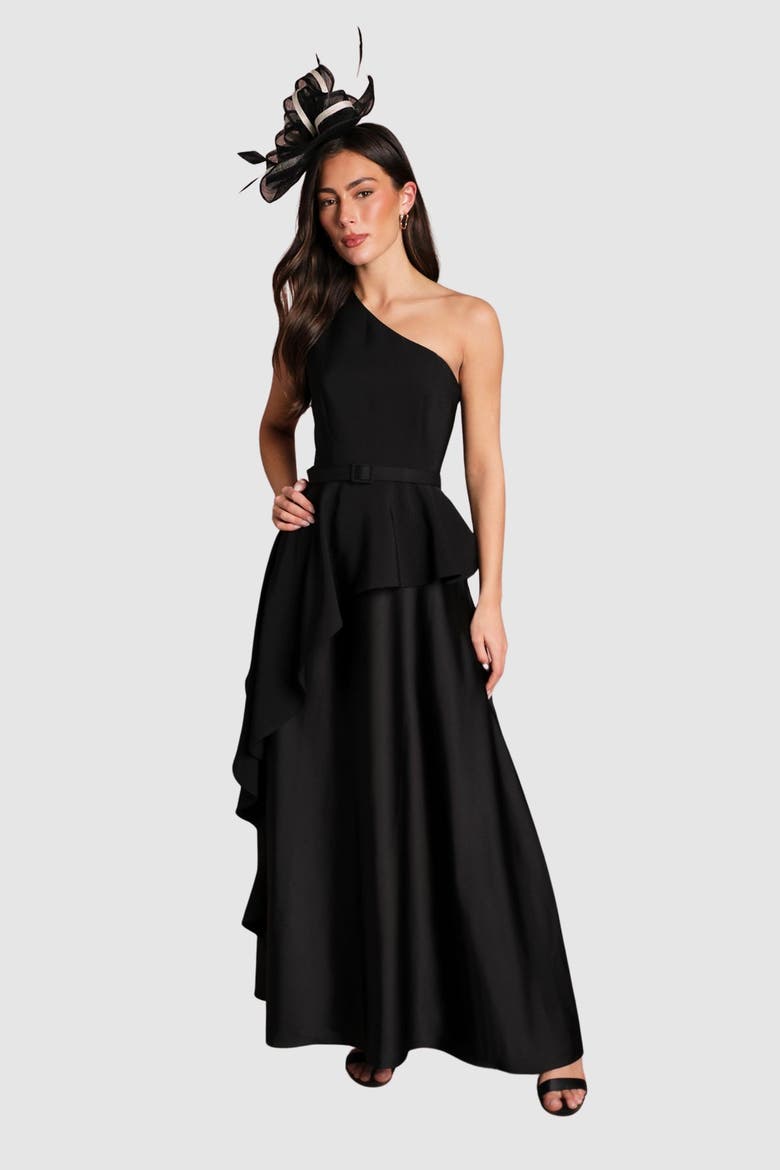 One Shoulder Satin Maxi Dress, Main, color, Black