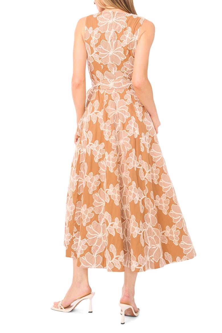 Elana Floral Embroidered Sleeveless Midi Dress, Alternate, color, ALMOND