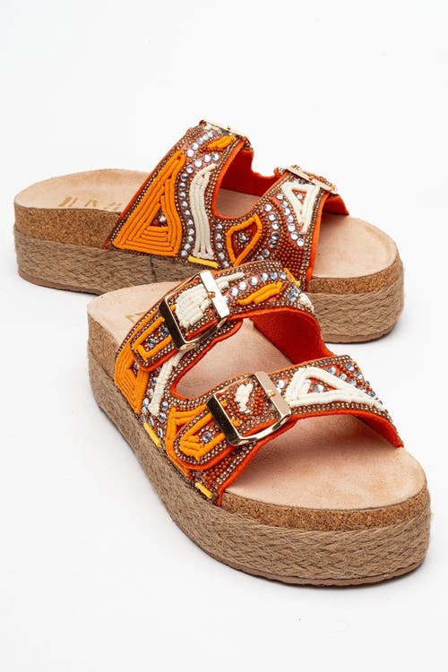 Prologue Shoes Bobby Beaded Straw Platform Slide Sandal In Orange