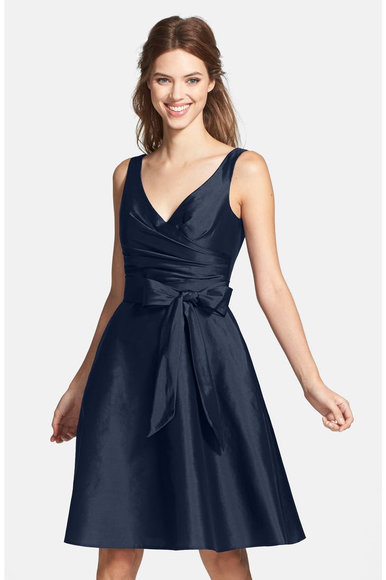 Peau de Soie Fit & Flare Dress, Main, color, MIDNIGHTDNU