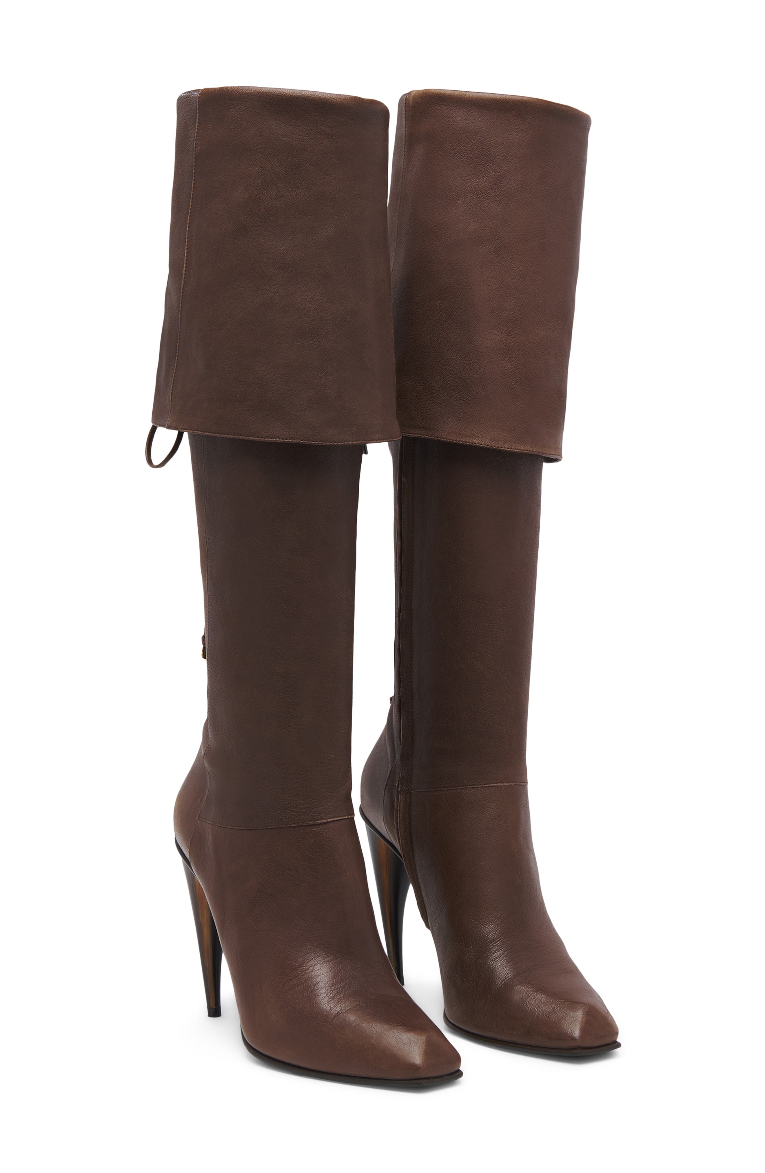 McQueen Horn Shaped Heel Lace-Up Knee High Boot, Main, color, Coffee